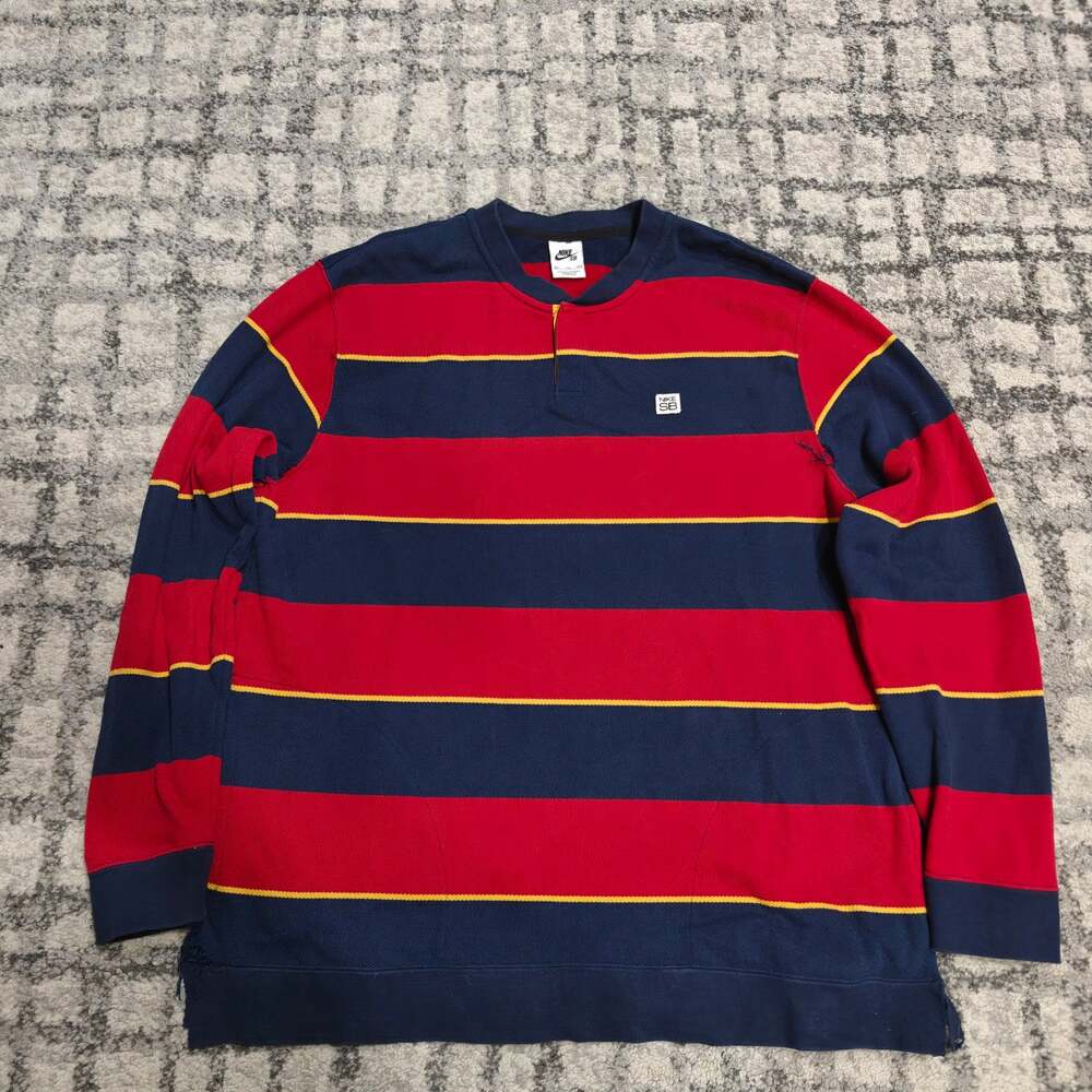 Nike SB Striped Heavyweight Thermal Rugby Shirt XXL Navy Red Distressed